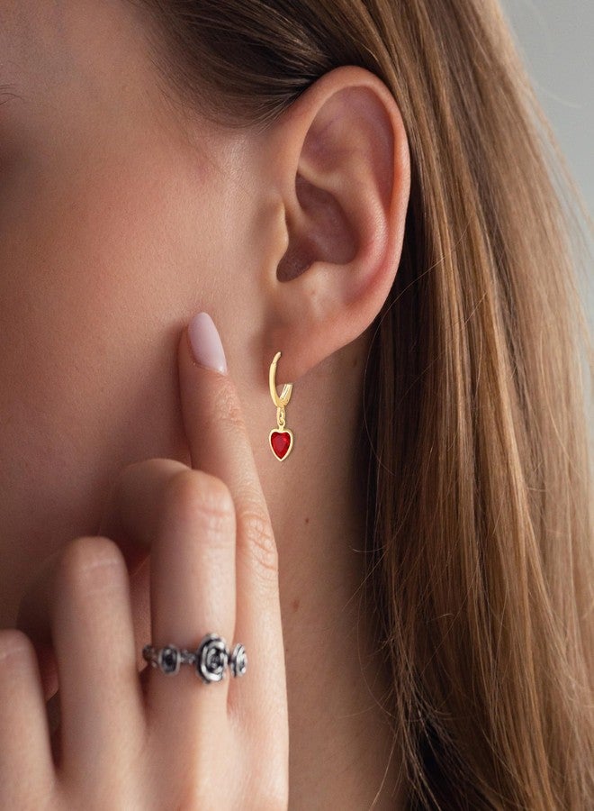 Mintolex Gold Tiny Heart Hoop Earrings for Women Dainty Crystal CZ Huggie Heart dangle Earrings Minimalist Prom Wedding Valentines Jewelry Gifts, Red - Image 2
